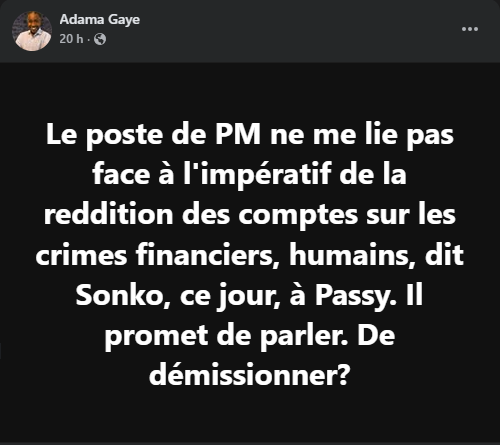 "Poste premier ministre teunkouma…": la grosse question de Adama Gaye à Sonko