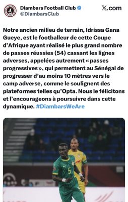 Gana Gueye décisif à la CAN avec le Sénégal : Son ancien club Diambars l’encourage applaudit !
