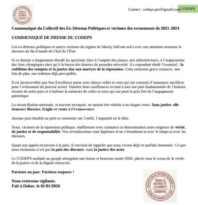 Discours Nouvel An : Le Collectif des Ex-Détenus Politiques charge le Président Diomaye Faye