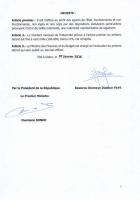 Projet de décret portant attribution d’une indemnité représentative logement aux agents de l’Etat