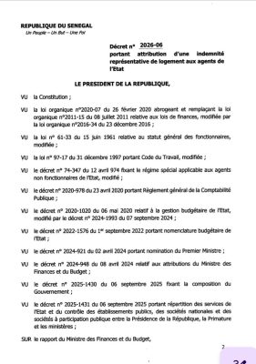 Projet de décret portant attribution d’une indemnité représentative logement aux agents de l’Etat