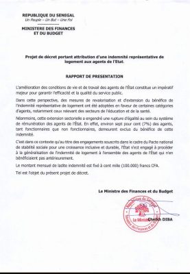 Projet de décret portant attribution d’une indemnité représentative logement aux agents de l’Etat