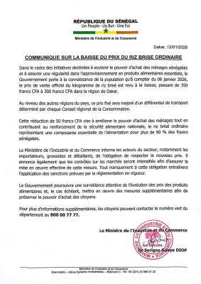 Baisse du prix du riz brisé ordinaire : L’Etat fixe le kg à 300 F CFA à Dakar
