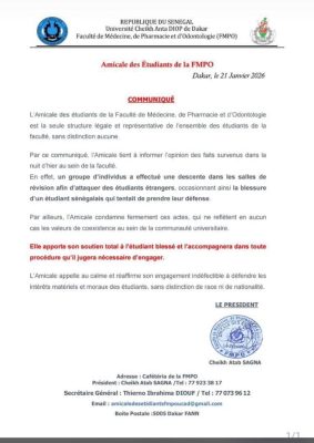 Attaques d’étudiants étrangers à la FMPO : L’Amicale condamne et appelle au calme