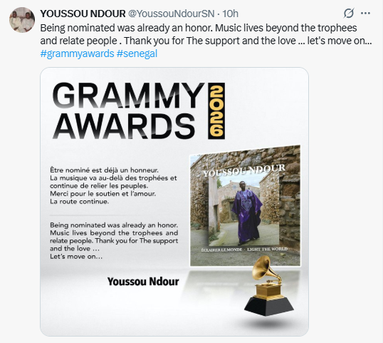 "Passons à autre chose…" : Youssou Ndour après le trophée manqué des Grammy Awards