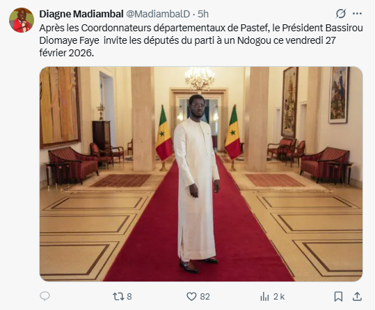 Palais : Diomaye invite les députés de Pastef à un Ndogou, ce vendredi 27 février 2026.