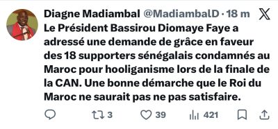 Condamnation des supporters sénégalais : Le Chef de l’État adresse une lettre officielle au roi Mohammed VI