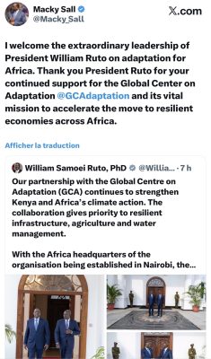 Changement climatique : William Ruto reçoit Macky Sall à Nairobi