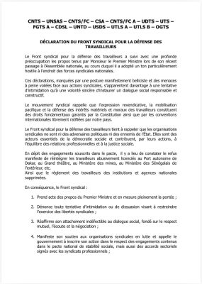 Déclarations de Sonko à l’AN : Quatorze organisations syndicales montent au créneau !