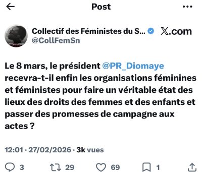 08 mars 2026 : Le Collectif des Féministes du Sénégal espère une audience avec le Président Diomaye Faye