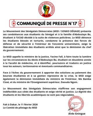Décès de l’étudiant Abdoulaye Ba : Le Mouvement MSD réclame justice !