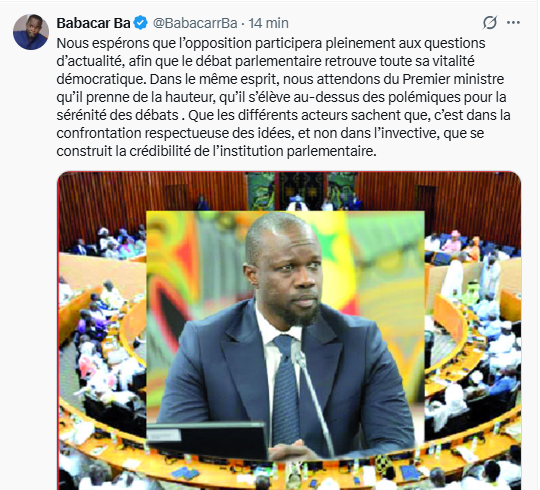Questions d'actualité : Babacar Ba appelle Sonko à s’élèver au-dessus des polémiques...