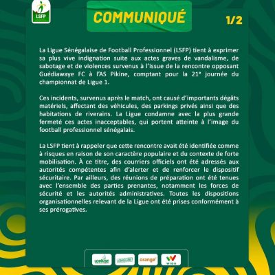 Match Guédiawaye FC vs l'AS Pikine : La LSFP condamne les actes de vandalisme