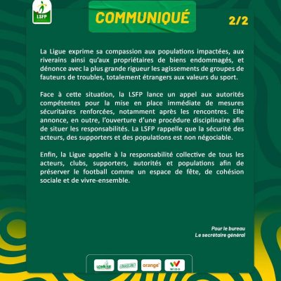 Match Guédiawaye FC vs l'AS Pikine : La LSFP condamne les actes de vandalisme