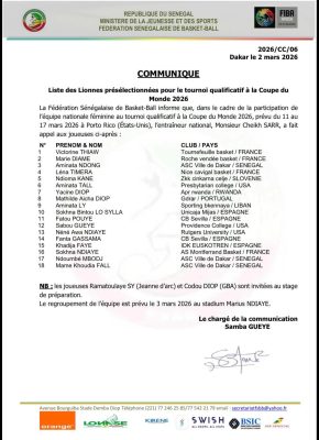 Basket - Qualif. à la Coupe du Monde 2026 : Liste des Lionnes présélectionnées pour le tournoi