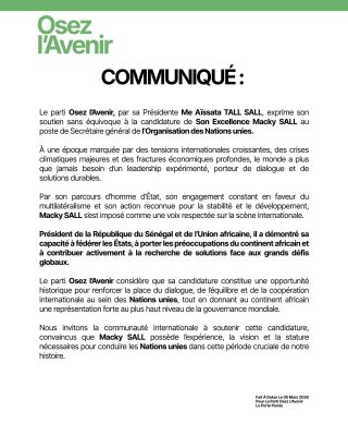 ONU : Le parti Osez l’Avenir d’Aïssata Talla Sall soutient la candidature de Macky Sall