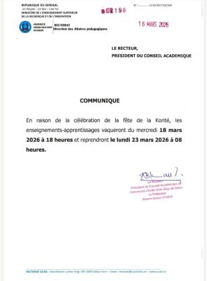 UCAD - Korité 2026 : Les enseignements vaqueront le mercredi 18 mars et reprendront le lundi 23 mars prochain