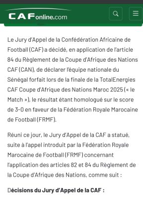 URGENT : La CAF annule la victoire du Sénégal à la CAN 2025 et annonce le sacre du Maroc sur tapis vert (3-0)