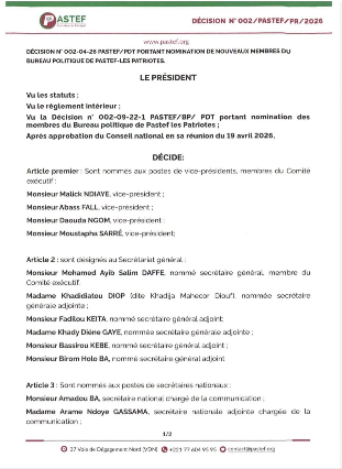 Bureau politique de Pastef : Sonko s'entoure d'une nouvelle équipe, (Document)