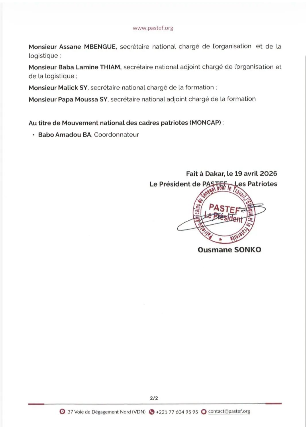 Bureau politique de Pastef : Sonko s'entoure d'une nouvelle équipe, (Document)