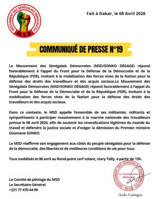Marche nationale du 08 avril : Le MSD répond favorablement à l’appel du FDR