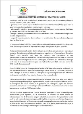 Manifestation du 08 avril : Le FDR apporte son soutien au monde du travail en lutte