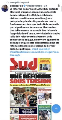 Babacar Ba : "La réforme des articles L29 et L39 du Code électoral s’impose comme une nécessité démocratique"