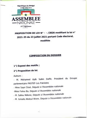 AN : Proposition de la loi N° /2026 modifiant la loin 2021-35 du 23 juillet 2021 portant Code électoral