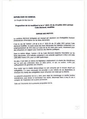 AN : Proposition de la loi N° /2026 modifiant la loin 2021-35 du 23 juillet 2021 portant Code électoral