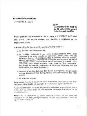 AN : Proposition de la loi N° /2026 modifiant la loin 2021-35 du 23 juillet 2021 portant Code électoral