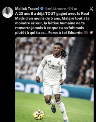 "Force à toi Eduardo" : Le journaliste Malick Traoré exprime son soutien à Camavinga