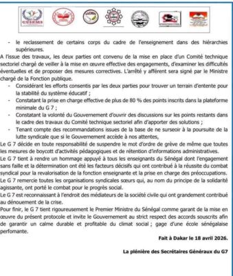 Protocole d’accord avec le Gouvernement : Le G 7 suspend son mot d'ordre de grève