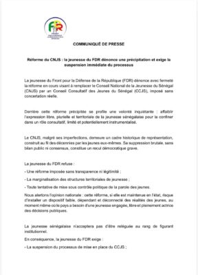 Réforme du CNJS : La jeunesse du FDR exige l’arrêt immédiat du processus !