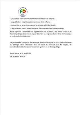 Réforme du CNJS : La jeunesse du FDR exige l’arrêt immédiat du processus !