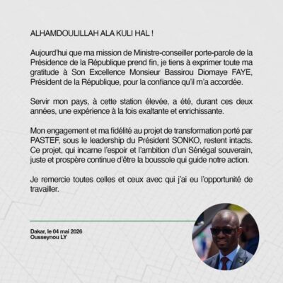 Présidence : Ousseynou Ly quitte ses fonctions et réaffirme son engagement envers PASTEF