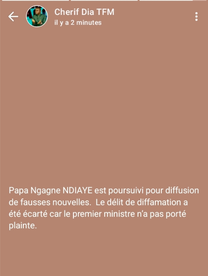 Affaire Pape Ngagne : "Le délit de diffamation a été écarté, le Pm n'a pas porté plainte", (Chérif Dia)