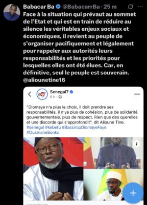 "Tensions" au sommet de l’État : Babacar Ba appelle le peuple à manifester pacifiquement