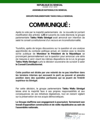 Modification code électoral : Le Groupe parlementaire Takku Wallu Sénégal prend une importante décision