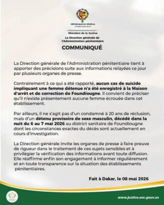 MAC de Foundiougne : L’Administration pénitentiaire dément un suicide de femme détenue ￼