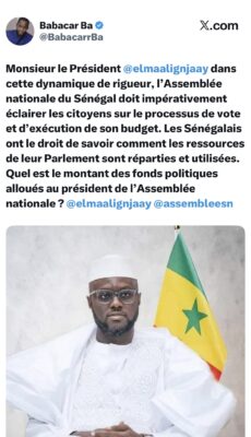 Fonds politiques : Babacar Ba interpelle El Malick Ndiaye