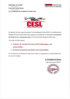 UGB : Les étudiants décrètent la date du 15 mai, une journée noire en hommage à Fallou SENE