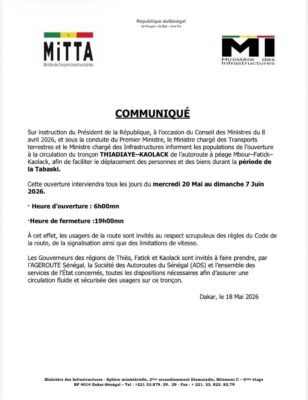 Tabaski 2026 : Le tronçon THIADIAYE - KAOLACK ouvert du 20 mai au 07 juin 2026