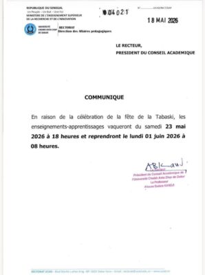 Tabaski 2026-UCAD : Les cours vaqueront le samedi 23 mai à 18h et reprendront le lundi 01 juin à 08h