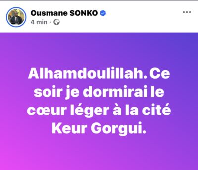 SONKO réagit à son limogeage : "Alhamdoulillah. Ce soir je dormirai le cœur léger à la cité Keur Gorgui"