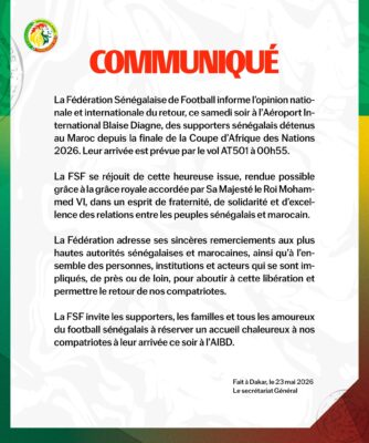"Les 15 supporters sénégalais libérés sont attendus à Dakar à 00h55", (FSF)
