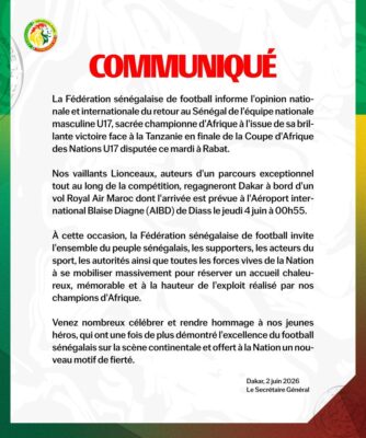 Les champions d’Afrique U17 de retour au pays ce jeudi