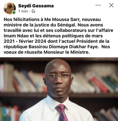 Seydi Gassama : "Nos félicitations à Me Moussa Sarr, nouveau ministre de la justice du Sénégal"
