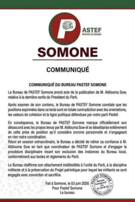 Propos contre SONKO : PASTEF Somone engage la procédure d’exclusion contre Aldiouma SOW