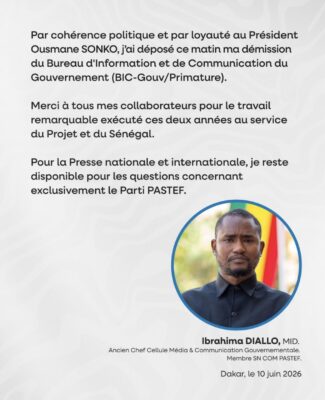 BIG-Gouv. : Ibrahima DIALLO démissionne par loyauté à Ousmane SONKO