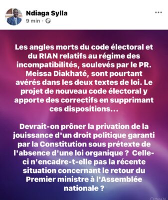 Ndiaga Sylla : "Les angles morts du code électoral et du RIAN relatifs au régime des incompatibilités…"